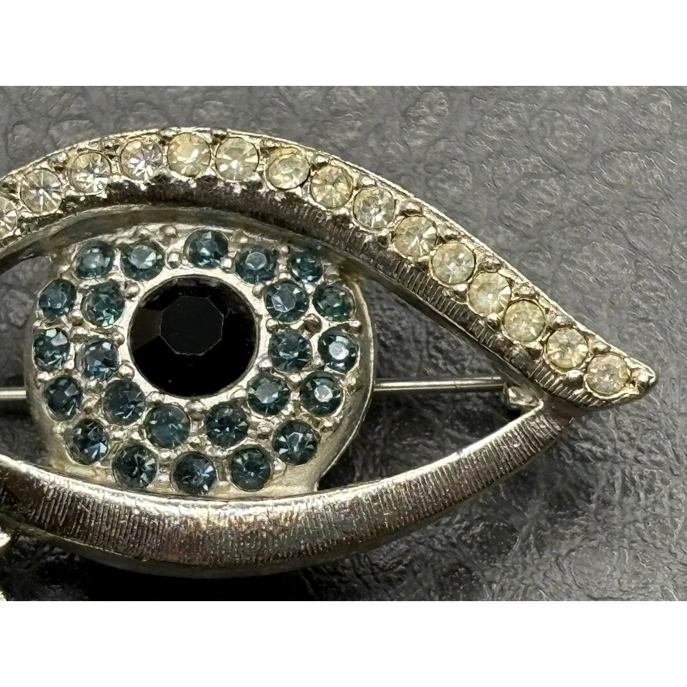 Vintage Crystal Eye Teardrop Crying Brooch Silver Tone Black Blue Rhinestone Pin